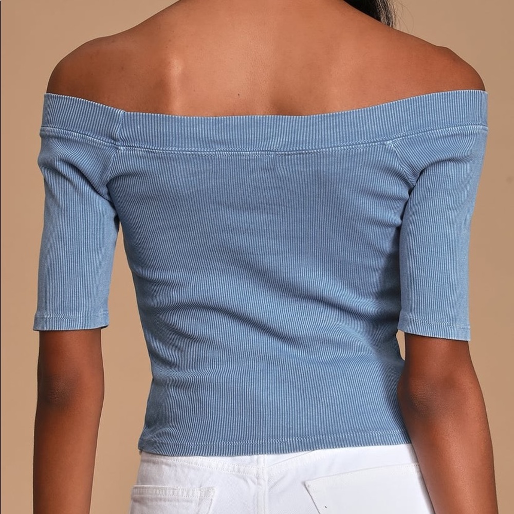 Washed Denim Blue Ribbed Off Shoulder Top - Picture 4 of 5
